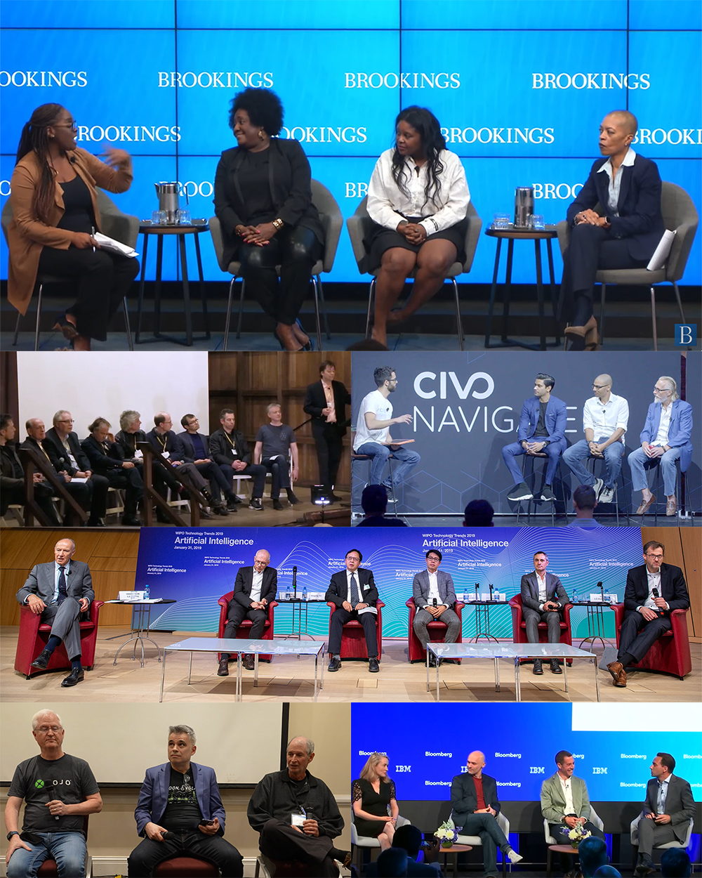 At the top, a panel of Black women discussing AI; below, a selection of panels on AI comprised almost entirely of white men.