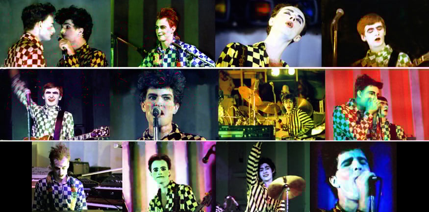 Montage of images of Split Enz playing at the Nambassa festival in 1979